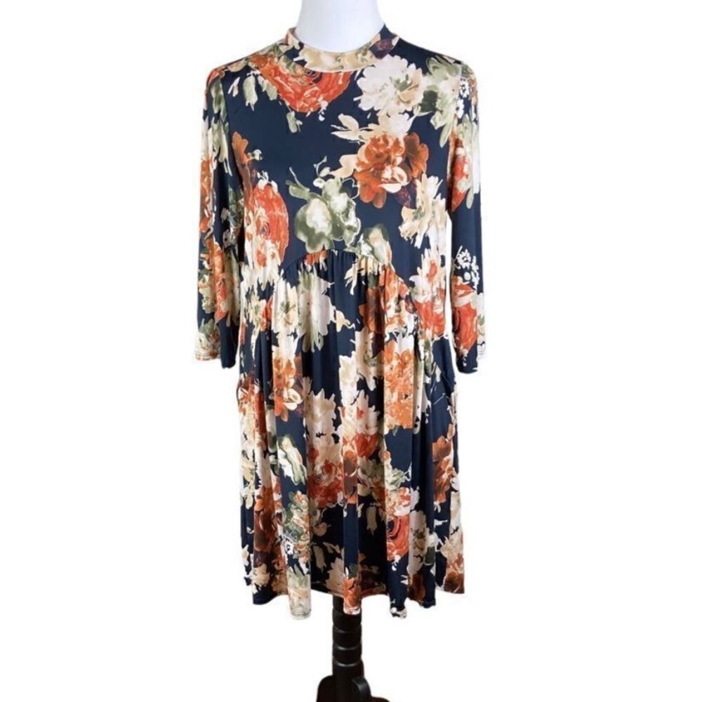 Boho Blue Navy And Orange 3/5 Length Sleeves Floral Dress, Size M‎